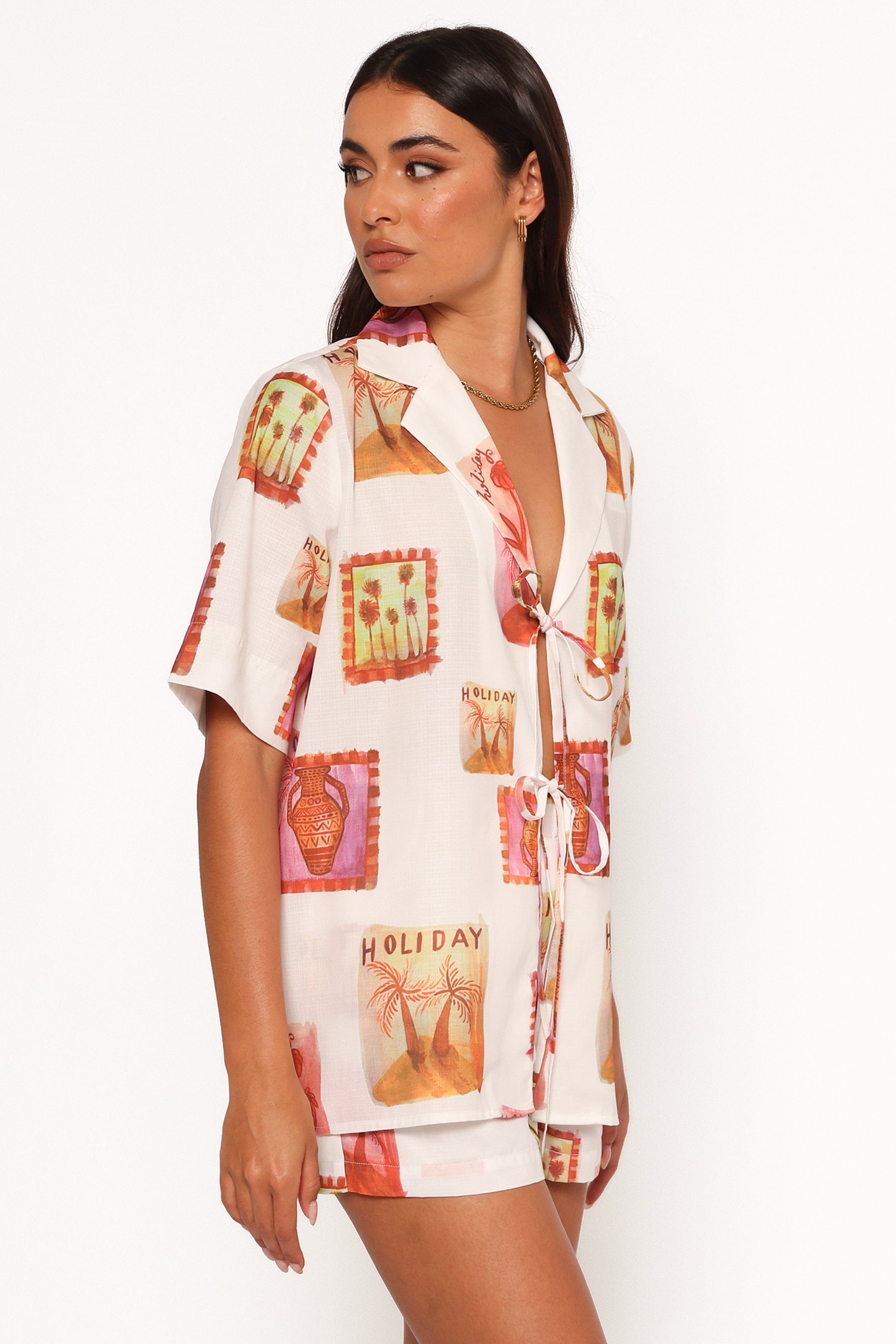 Aaliyah Tie Front Top - White Multi